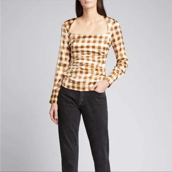 GANNI Silk Check Draped Blouse 10 - Picture 3 of 10